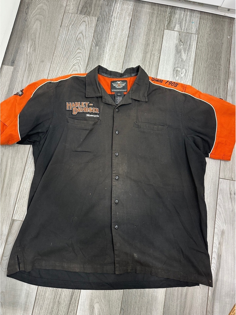 Harley-Davidson Men's 2XL Black and Orange Button-Up Shirt with Logo
